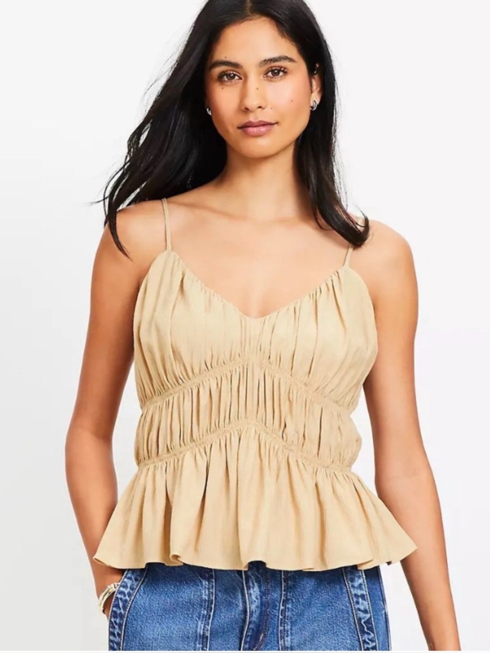 Loft V Neck Peplum Cami - Size Small Soft Straw / Taupe - NWT $54.95